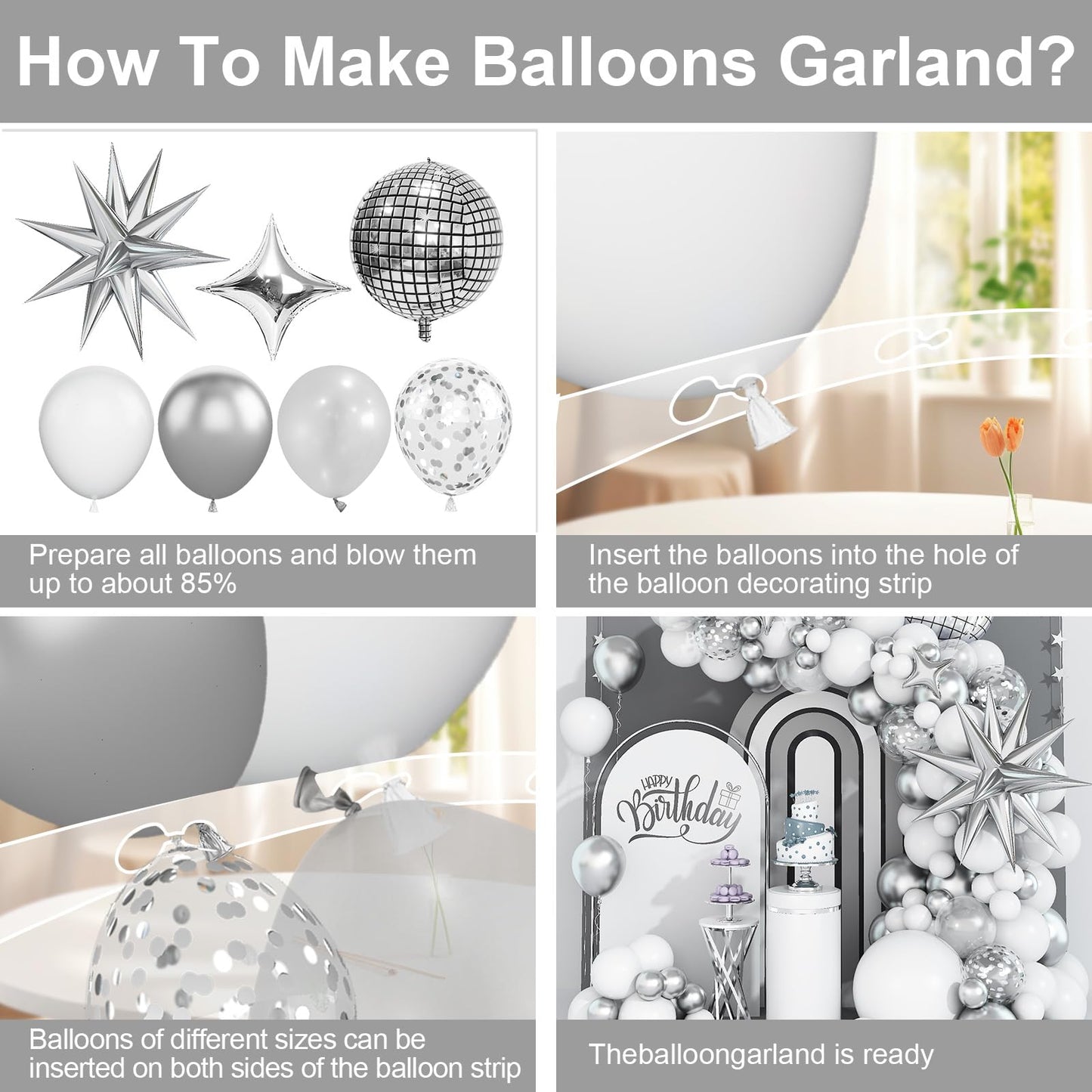 White And Silver Balloon Arch Garland Kit,White Silver Star Confetti Metallic Balloon Decoration With 18 Inch 4D Disco Silver Fo