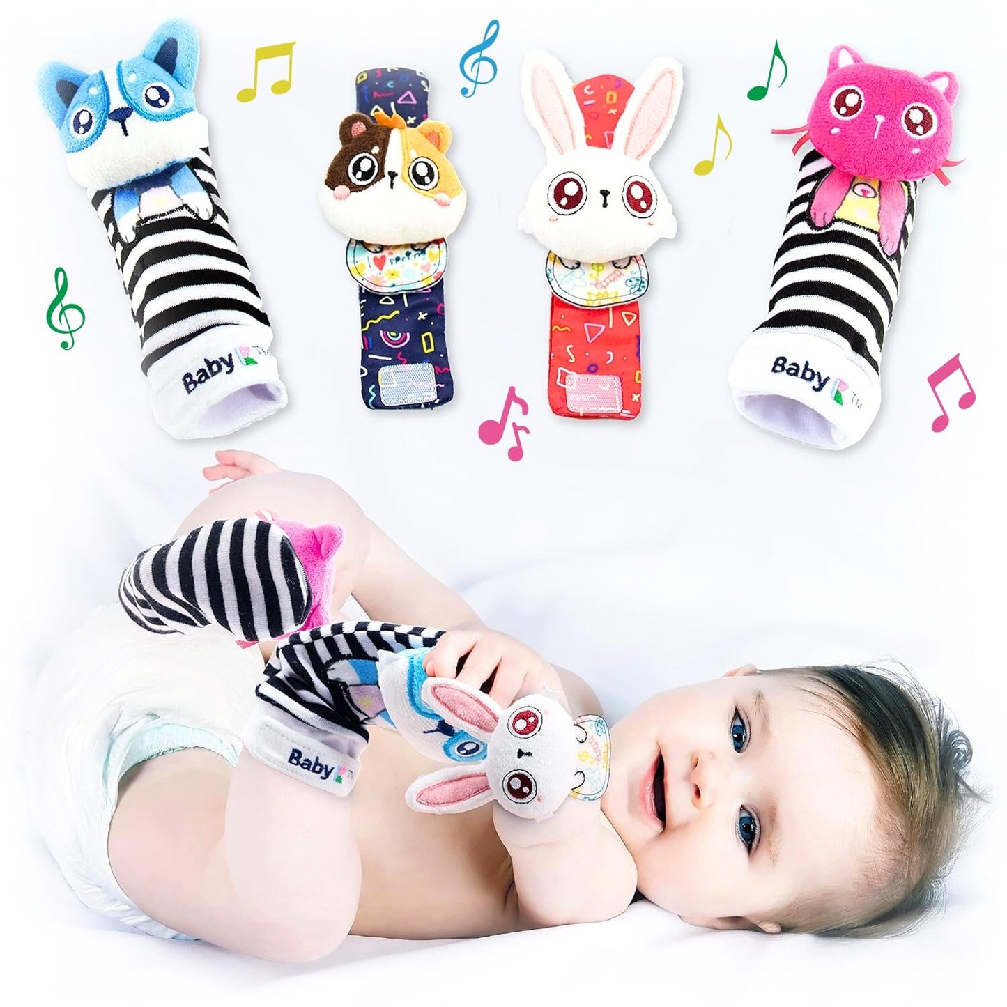 K Baby Rattle Socks For Girls & Boys (Pet Set) - Baby Toys 6-12 Months - Wrist & Foot Rattles - Gift Idea