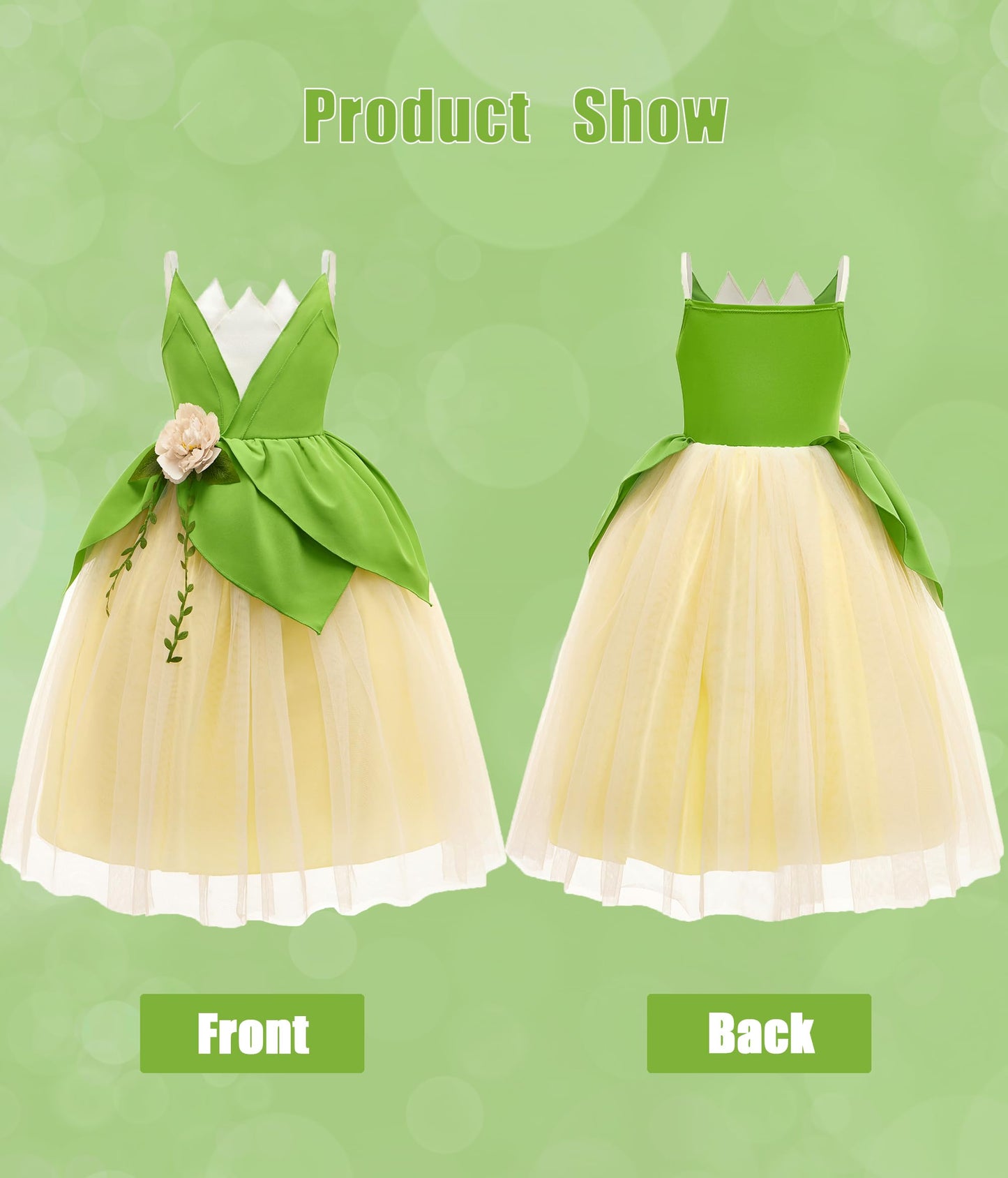 MDYCW Princess Tiana Halloween Costume for Girls, Frog Dress Up Cosplay Birthday Party Outfits
