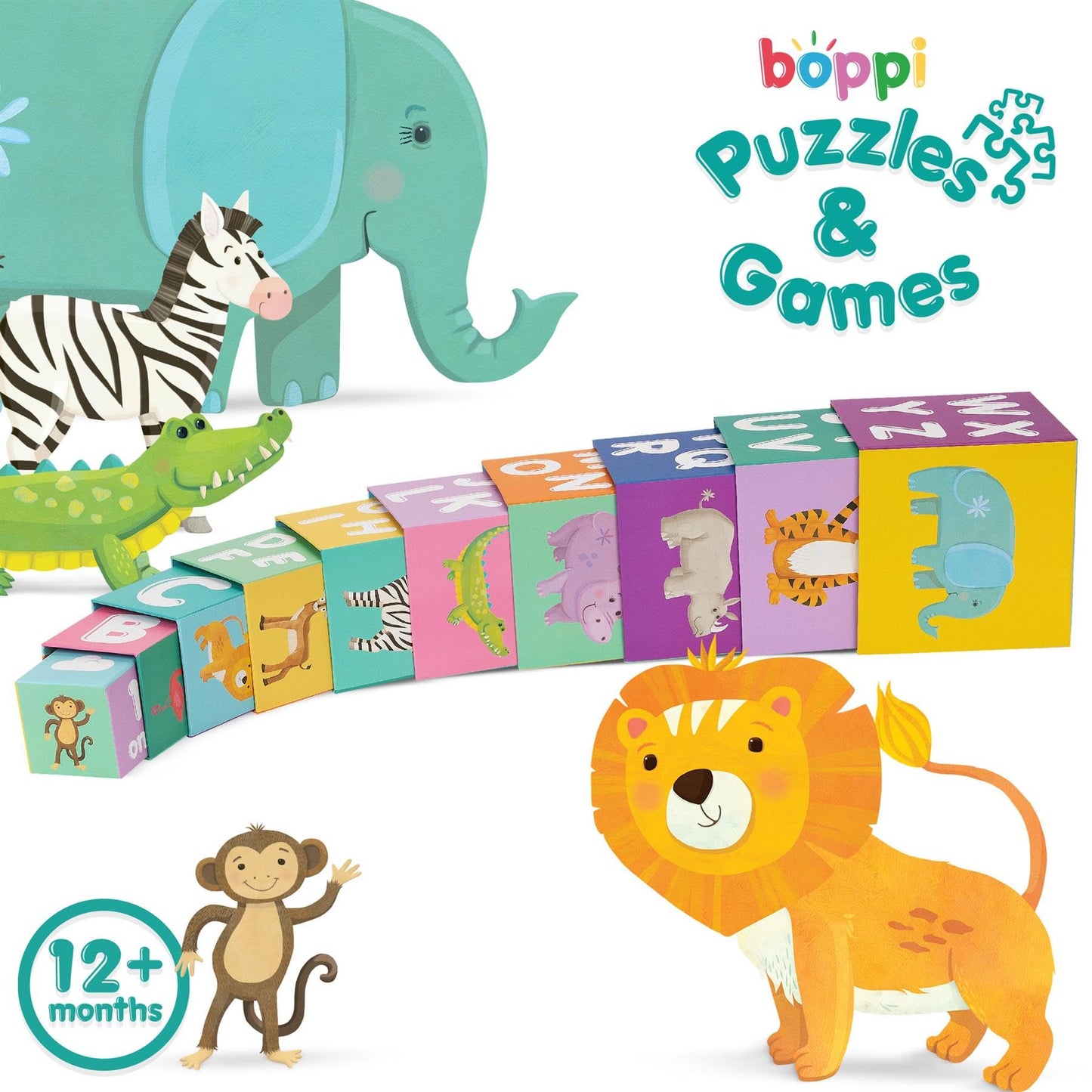 Boppi Baby Stacking Blocks Jungle Safari Animal Toys With Letters And Numbers, Montessori Cubes For Toddlers, Preschool Learning