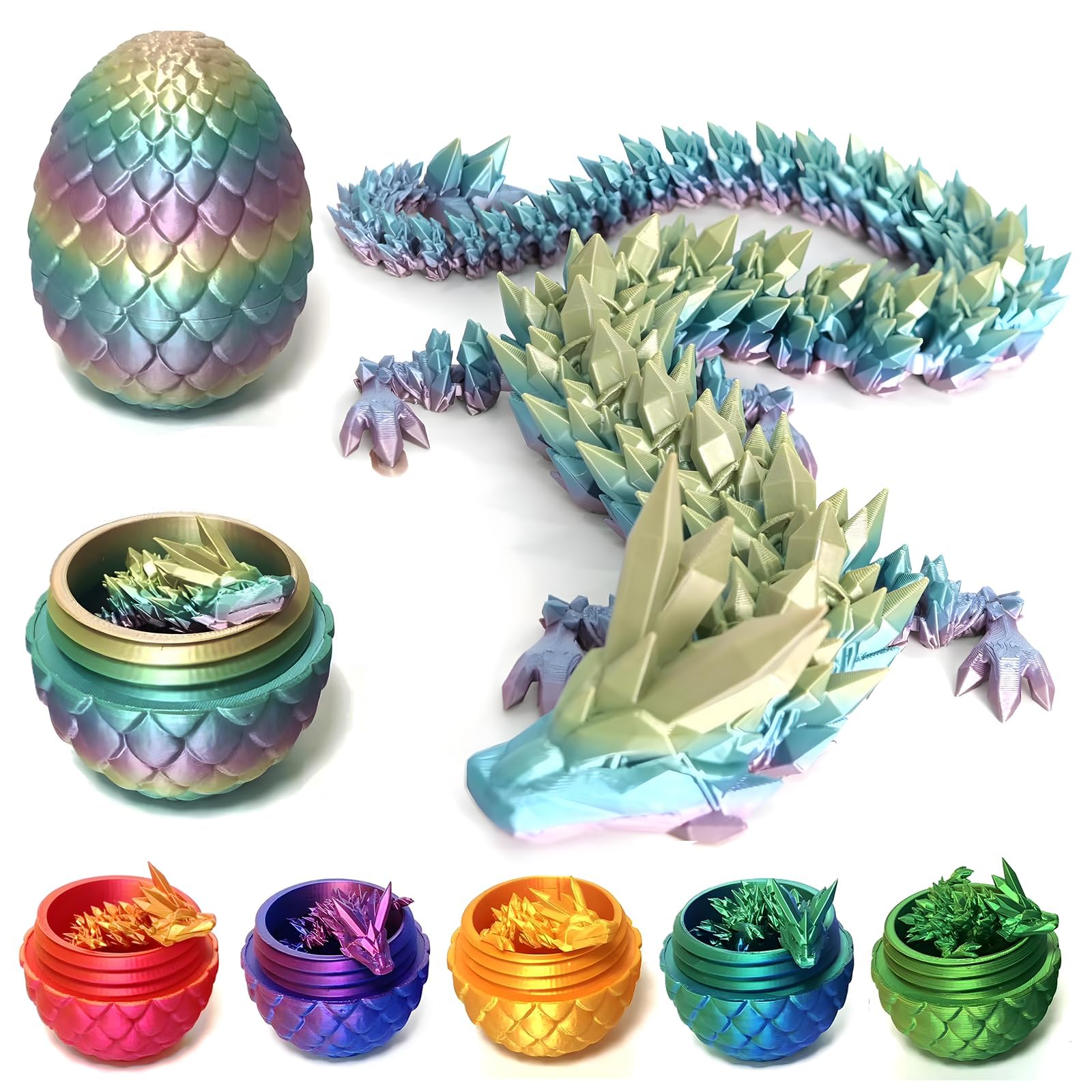 3D Printed 4.9 Inch Dragon Egg with 11.4 Inch Dragon Inside Easter Egg Full Articulated Crystal Fidget Toy Colorful Gift for Adu
