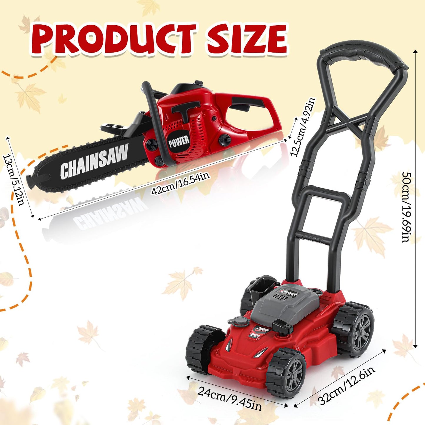 Arrowbash 2 Pcs Toy Gardening Tool Set for Kids Toy Chainsaw  Push Lawn Mower Battery Powered Gardening Tool Set with Lights and Sounds Gift for Boys Girls