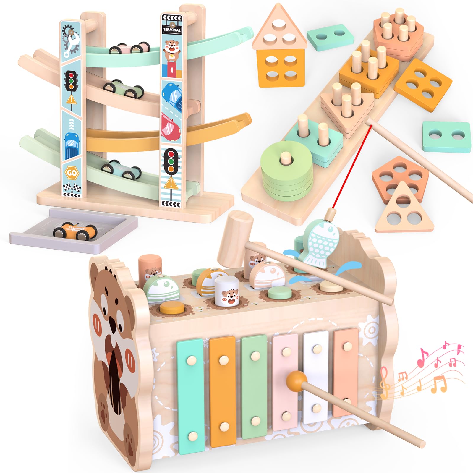 Wooden Montessori Toys for Toddlers 1-3, Baby Pounding Hammering Toy with Xylophone & Fishing Game, Car Ramp Racer, Stacking Blo