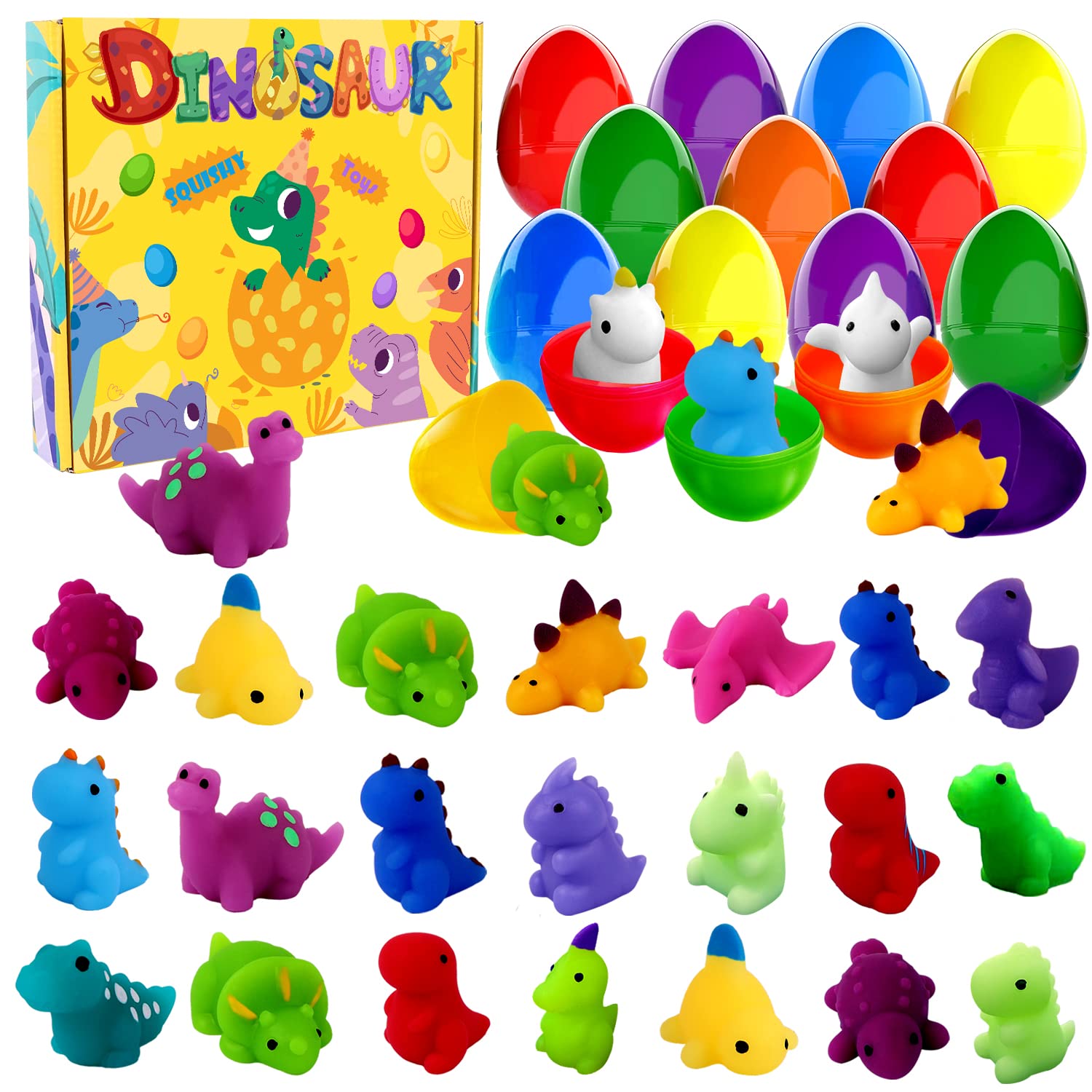 Joicee 24Pcs Dinosaur Squishy Toy Prefilled Easter Eggs, Kawaii Mochi Squishies Stress Relief Toys Filled Plastic Easter Eggs For Easter Basket Stuffers Party Favor Egg Hunt For Kids