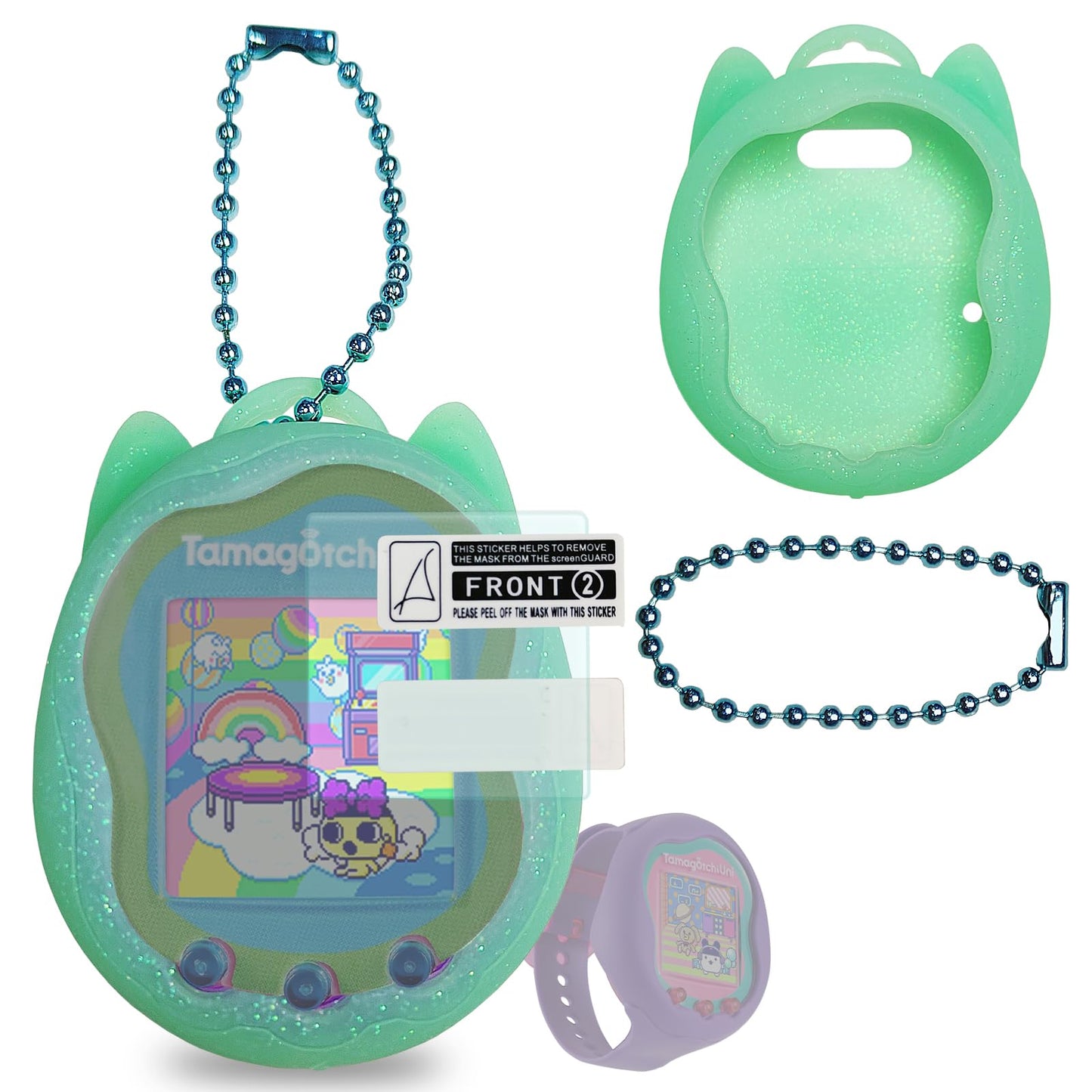 Jchpine Silicone Case Replacement For Tamagotchi Uni, Screen Protector For Tamagotchi Uni Band Pet Accessories(Silicone Case And Screen Film) (Teal Case)