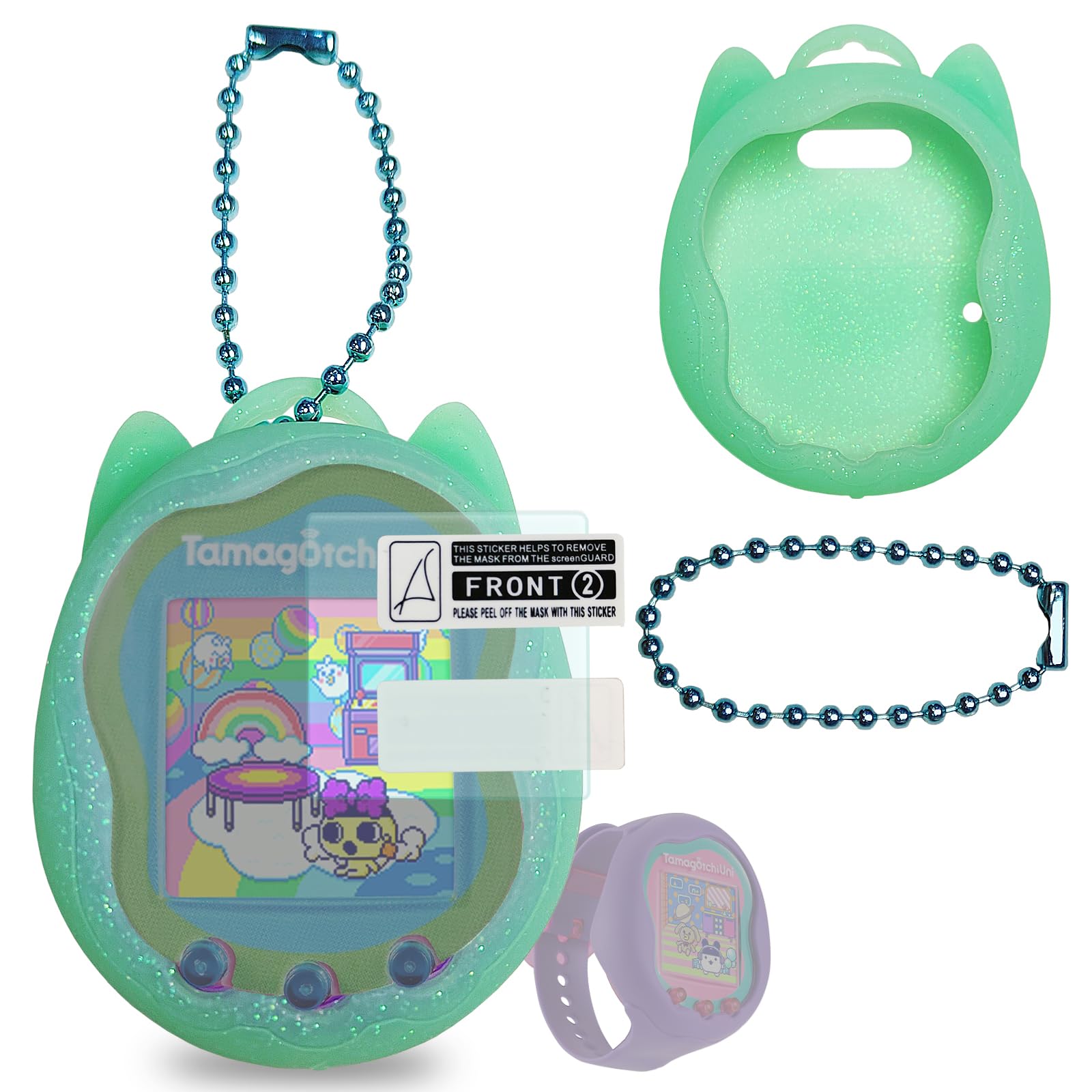 Jchpine Silicone Case Replacement For Tamagotchi Uni, Screen Protector For Tamagotchi Uni Band Pet Accessories(Silicone Case And Screen Film) (Teal Case)