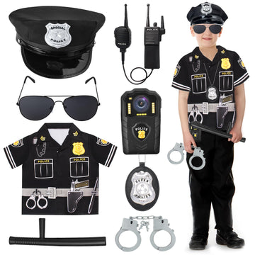 Kyson 8 Pcs Kids Police Officer Costume Kit Cop Gear Policeman Outfit Dress Up Accessories Halloween Career Day Pretend Play (Se