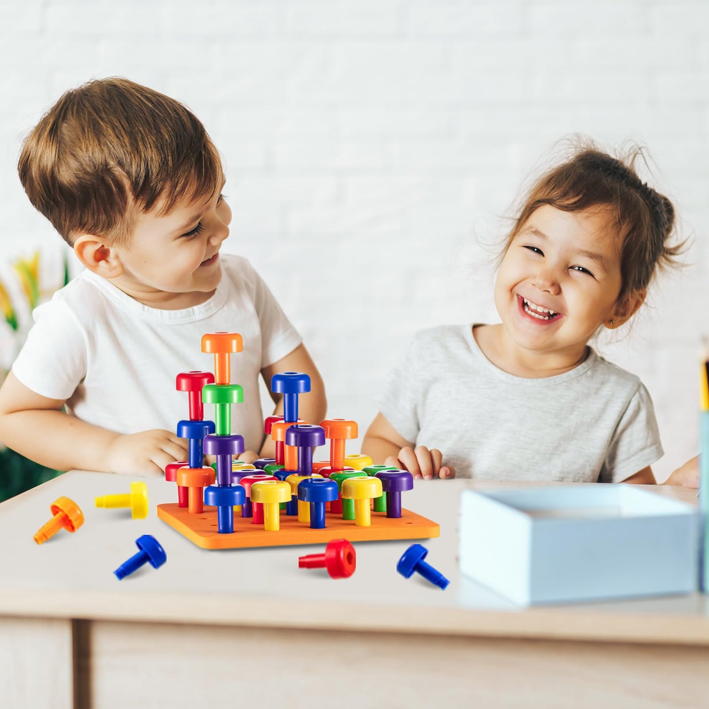 Shappy Toddler Peg Board 120 Pcs Pegs with 4 Foam Board 4 Sets Montessori Colorful Stackable Peg Board Toys Learning Educational Toys for Color Recognition Counting Skills with Lacing String and Bag