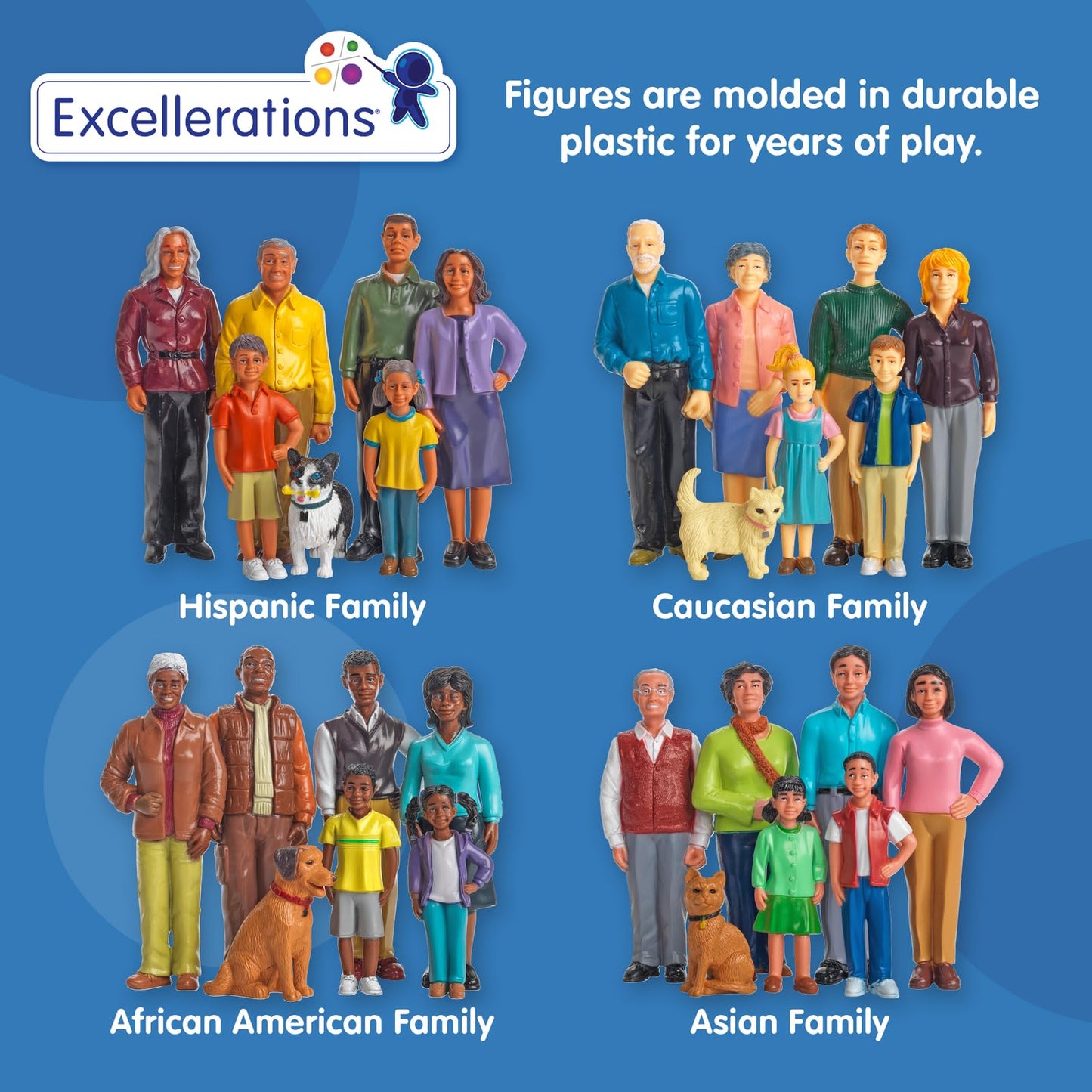 Excellerations Educational Multicultural Pretend Play Figurine Family Dolls Set of 4 Different ethnicities 28 Pieces Total for B