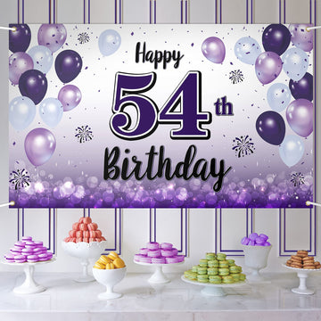 LASKYER Happy 54th Birthday Decorations,54th Purple Balloon Large Birthday Banner Backdrop Sign,54 Years Old Bday Party Supplies