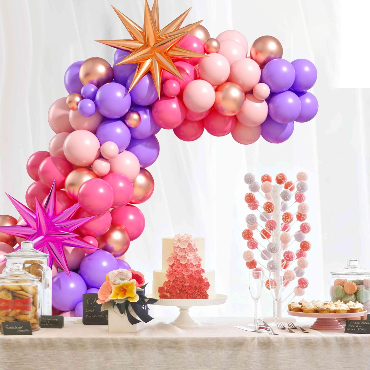 Pink Purple Balloon Arch Kit, Pink Purple Balloon Garland With Rose Red Pink Purple Rose Gold Latex Balloons And Star Foil Ballo