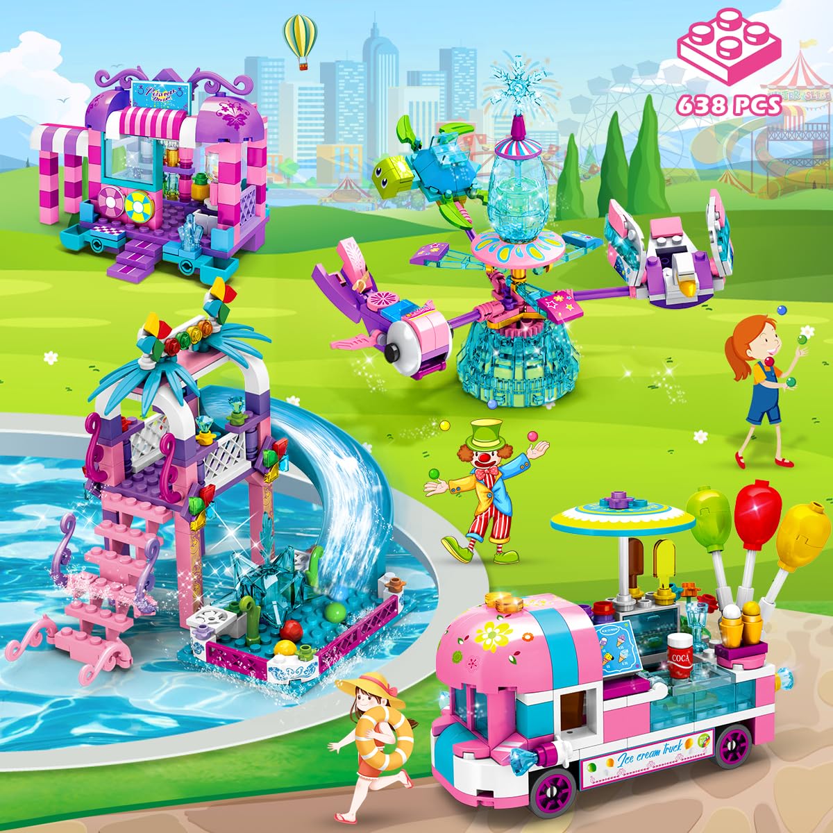 Hogokids Girls Theme Park Building Set - 638 Pieces Friends Ice Cream Truck Building Block Kit 4 In 1 Model Princess Water Park Slide Toys For Kids Girls Boys Aged 6 7 8 9 10 Years Old