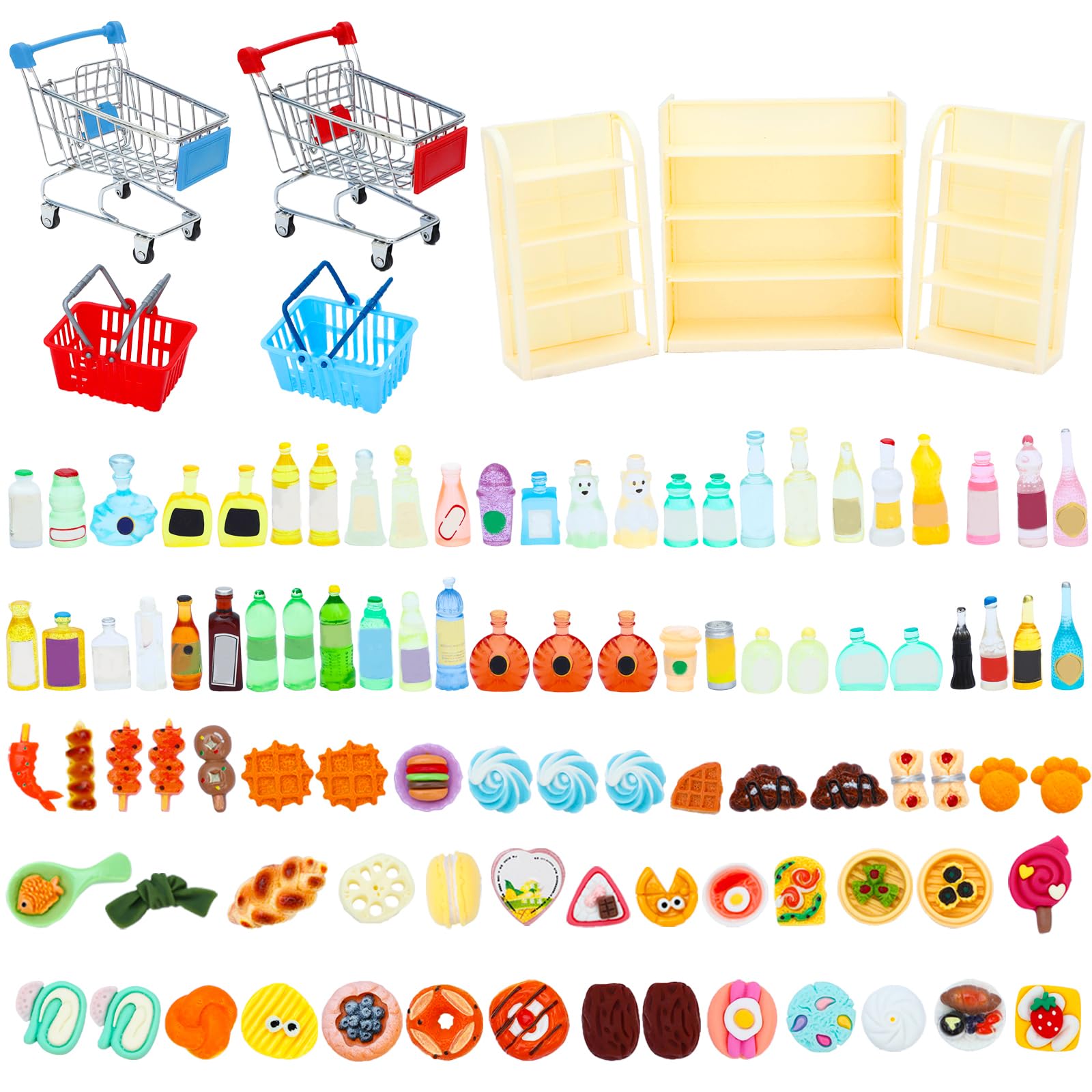 Onest 105 Pieces Miniature Dollhouse Accessories Mini Shopping Cart Basket With Food Drink Bottle And Others For Dollhouse Kitch