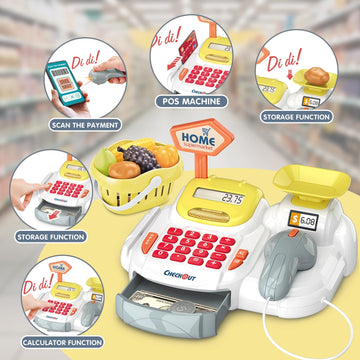 Cash Register 36PCS Supermarket Shop Toys with Electronic Sounds,Working Scanner,Calculator,Credit Card Reader,Play Food and Mon