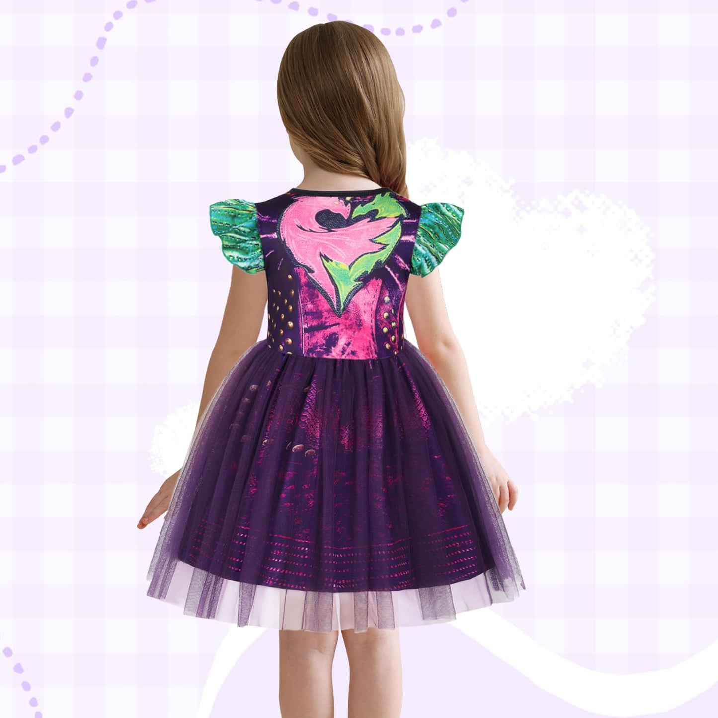 HenzWorld Girls Purple Dress Kids Costume Dress up for Girls Short Flutter Sleeve Tulle Dresses Halloween Cosplay Theme Party Ou