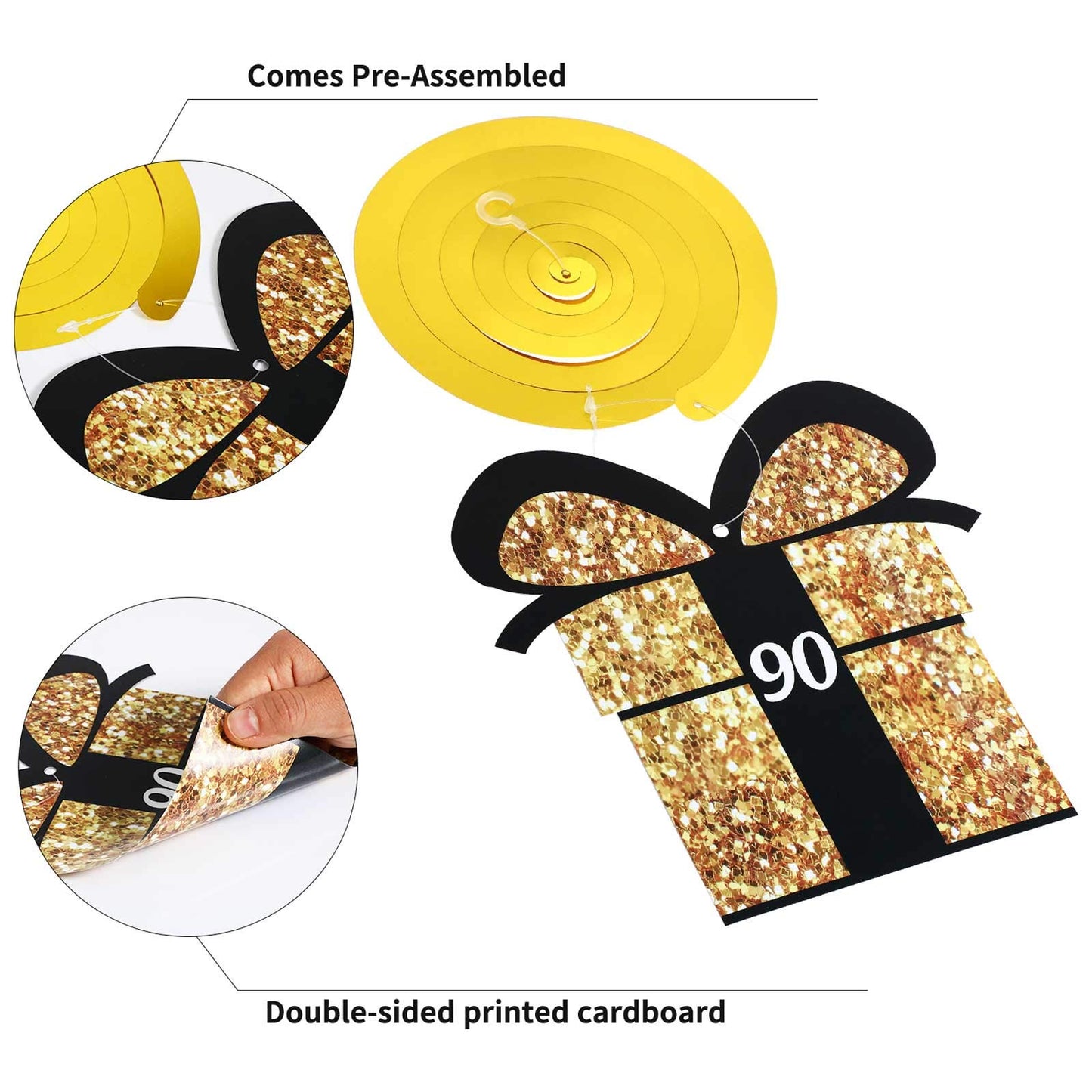 Frienda 30 Pieces 90th Birthday Party Decorations 90th Cards and Hanging Swirls Ceiling Decorations Shiny Celebration Hanging Sw