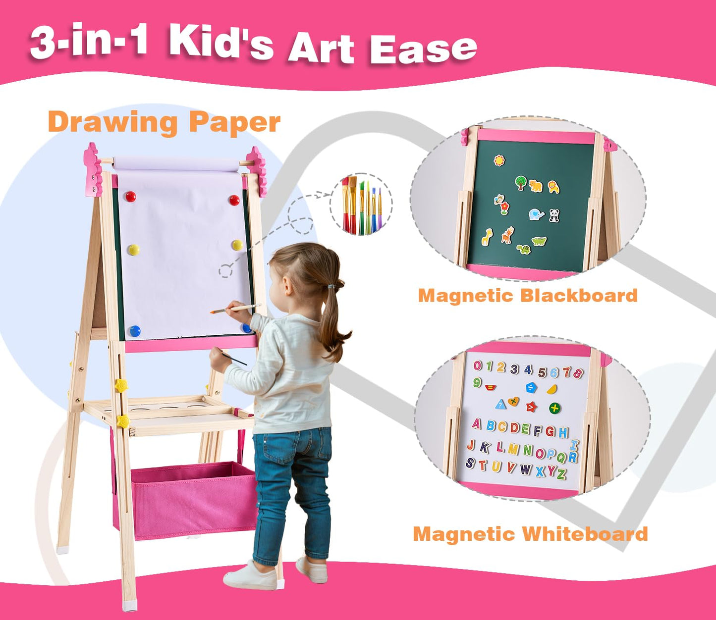 SWINSKUAD 2-in-1 Double Sided Kids Easel, Height-Adjustable Art Easel for Boys and Girls Ages 3-10, Including 100+ Accessories