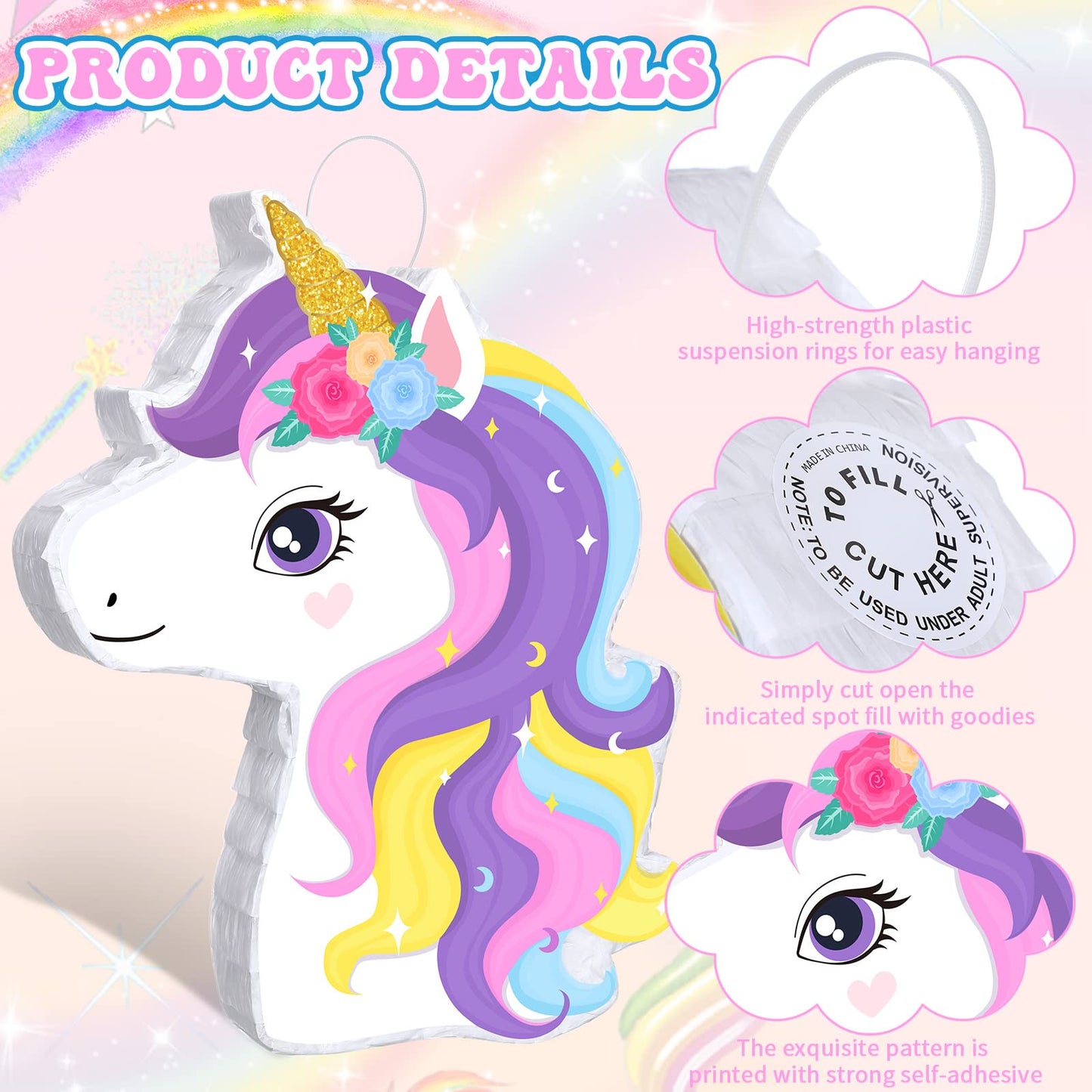 Harrycle Small Unicorn Piata with Piata Stick Blindfold Rainbow Cute Unicorn Piata Pink Unicorn Birthday Party Supplies for Prin