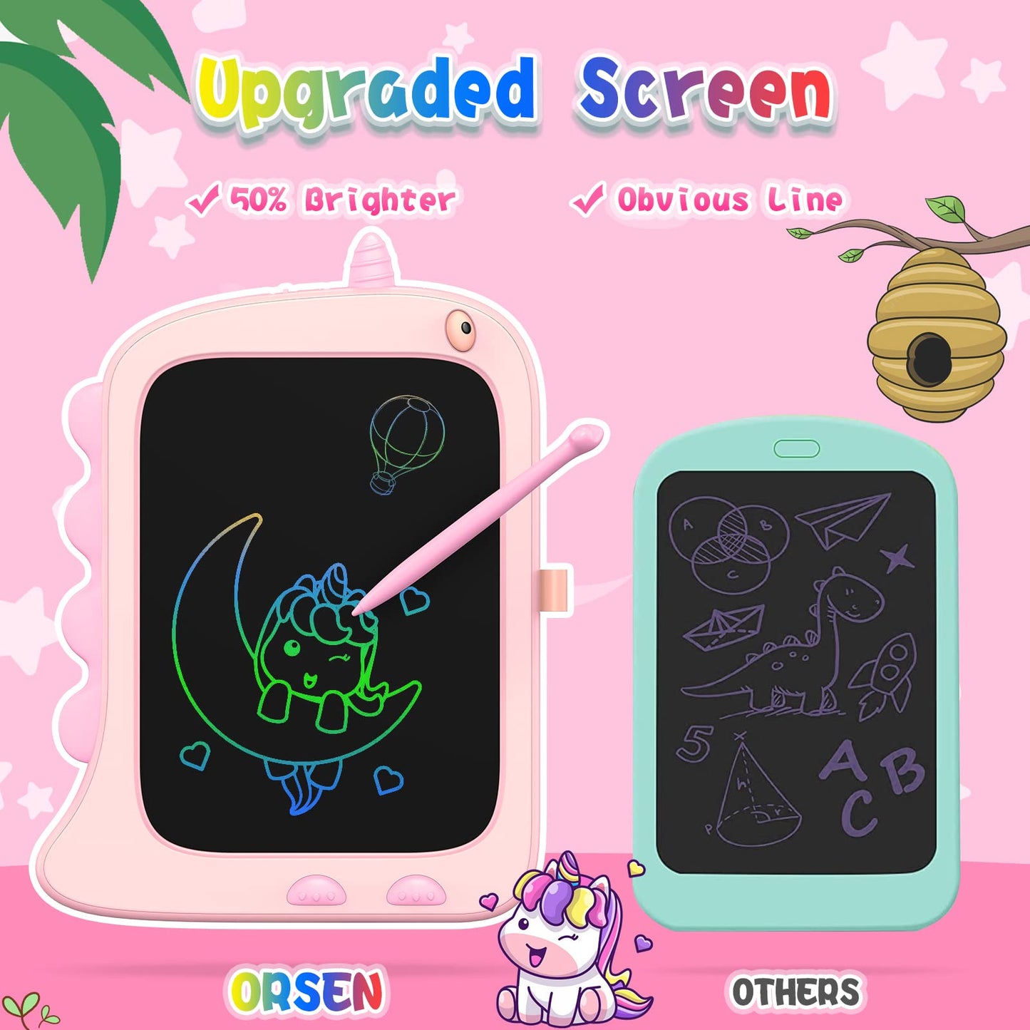 ORSEN 8.5" LCD Doodle Board Tablet - Pink Unicorn Drawing Pad for Kids 2-7 Years, Travel Toy, Medium Size, Model OS-A6-285C-PIN
