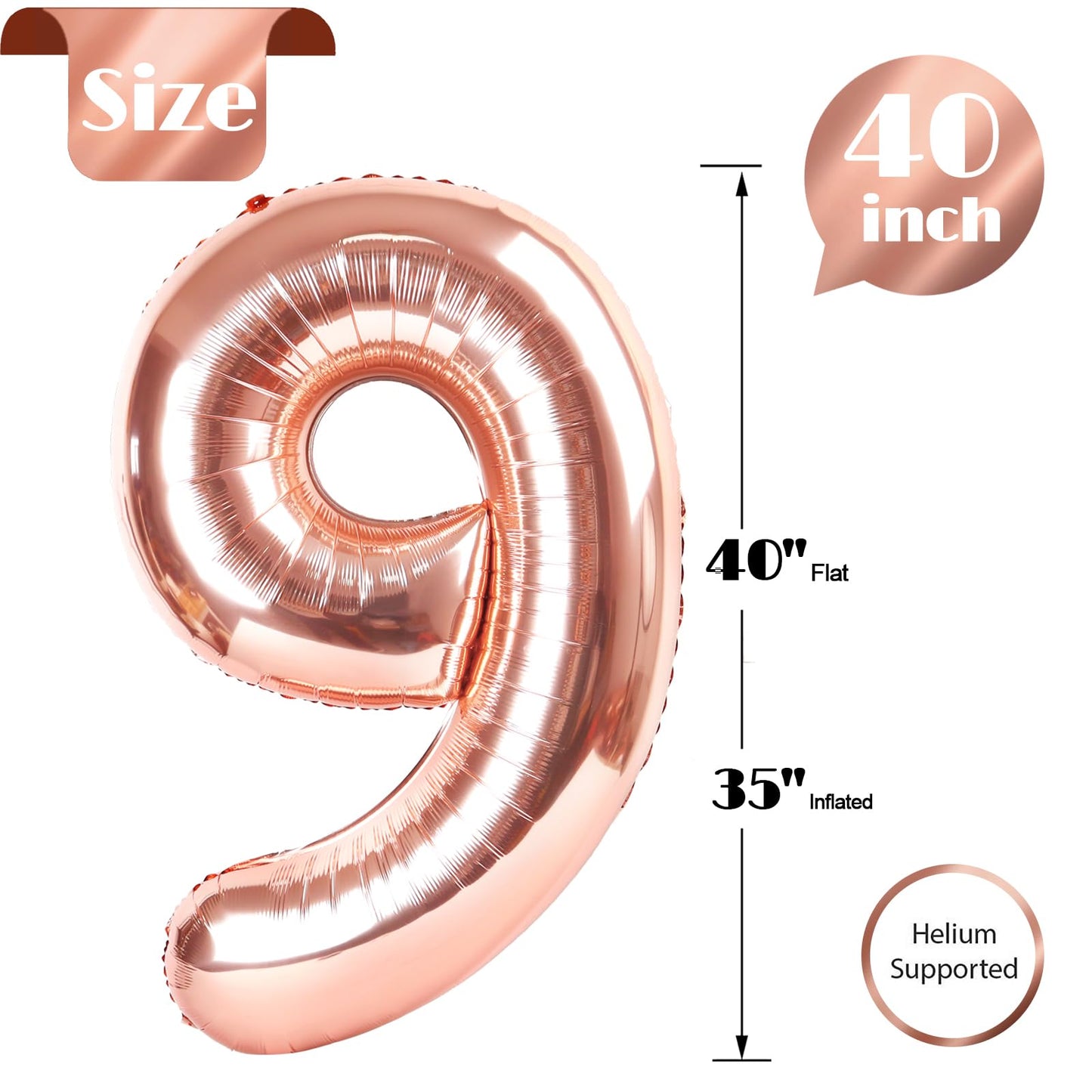 Rose Gold Number 9 Balloon 40 Inch, 9 Balloon Number, 9Th Birthday Decorations, Rose Gold Party Supplies For Boys Girls