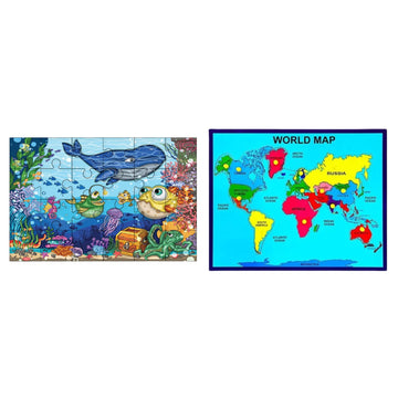 Khilonewale Combo of Wooden Aquatic Life & World Map Jigsaw Puzzles  24Piece Educational Ocean & Geography Learning Toy for Ki