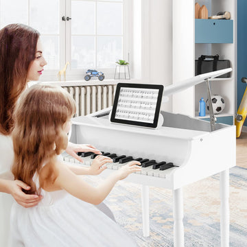 Goplus 30-Key Classical Kids Piano, Mini Grand Piano Wooden Learn-To-Play Musical Instrument Toy With Bench, Piano Lid, Music Rack, Gift For Boys Girls Aged 2+ Baby Tollder(4 Straight Leg-White)