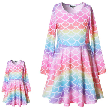 Rainbow Mermaid Dresses Matching Doll&Girls Long Sleeve Birthday Gifts 4T 5T