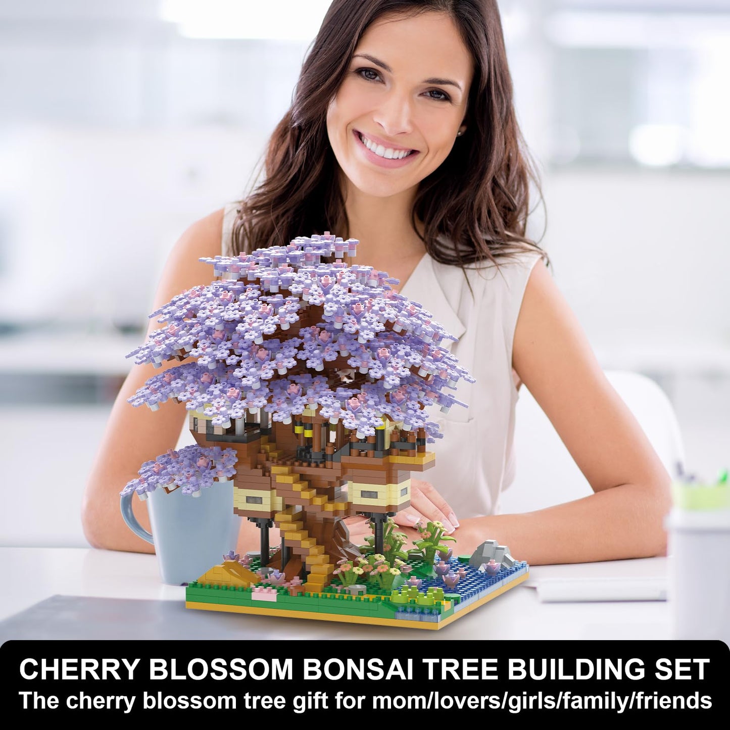 PQKIE Cherry Blossom Tree Building Set, 2229 Pcs Micro Blocks, Purple Bonsai Tree House, STEM Creative Toy for Kids and Adults