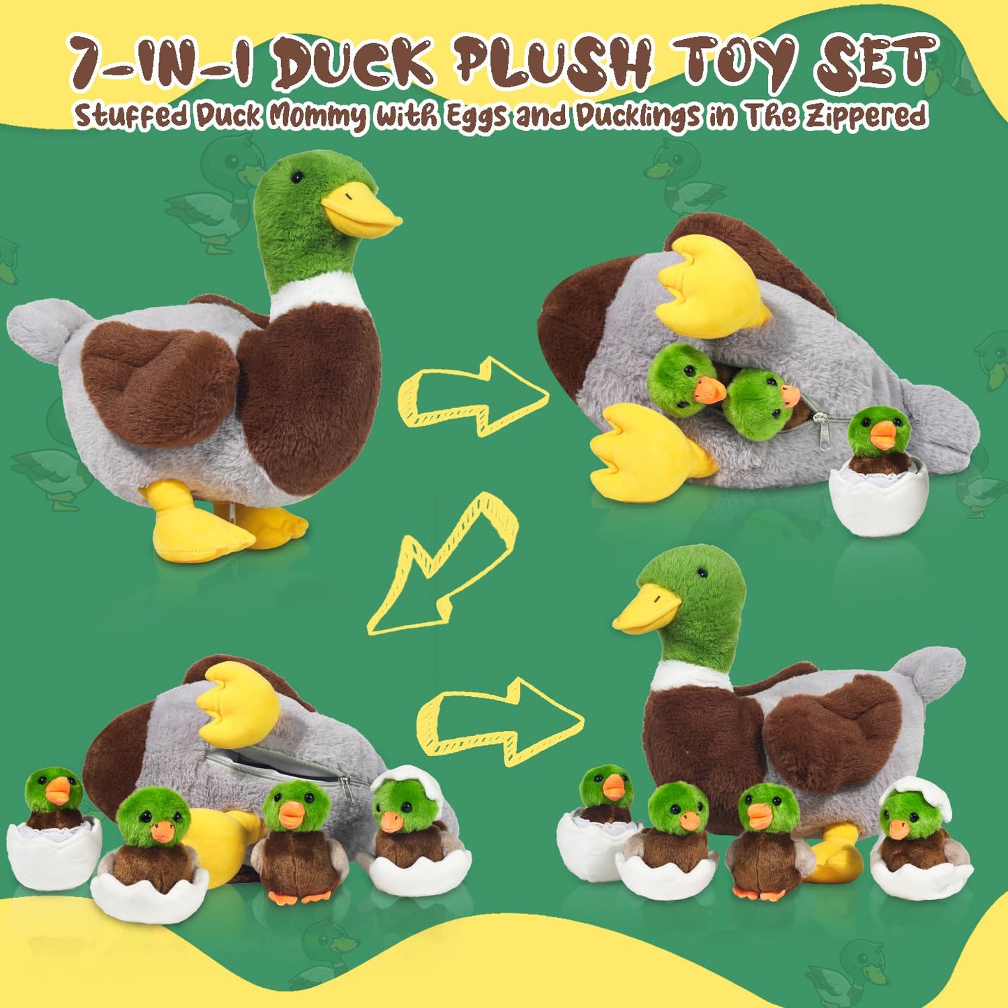 Xyhqyb 5 Pcs Duck Stuffed Animals Sets, Mommy Duck Plush Toy With Stuffed Ducklings In Zippered Belly For Girls Boys Birthday Ch