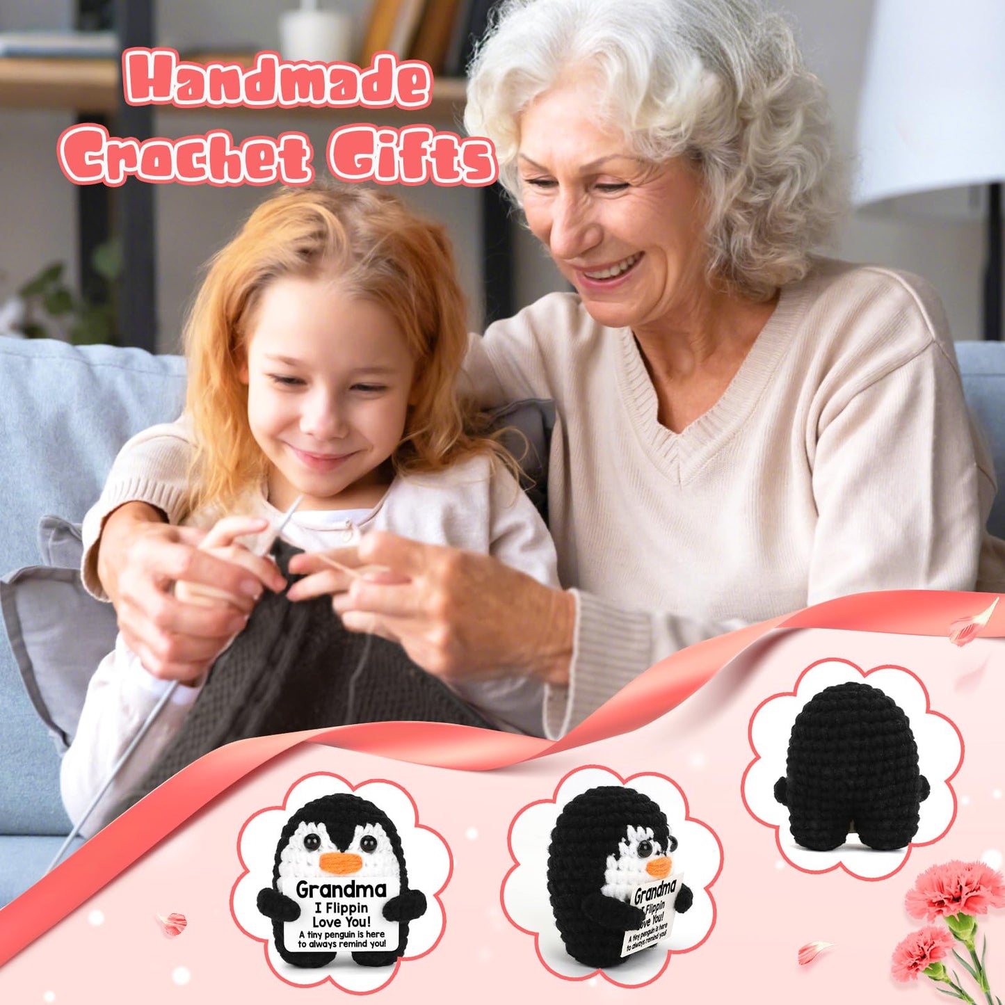 Grandma Gifts for Birthday Christmas, Handmade Crochet Mini Penguin Birthday Gift for Grandma from Granddaughter Grandson, Funny