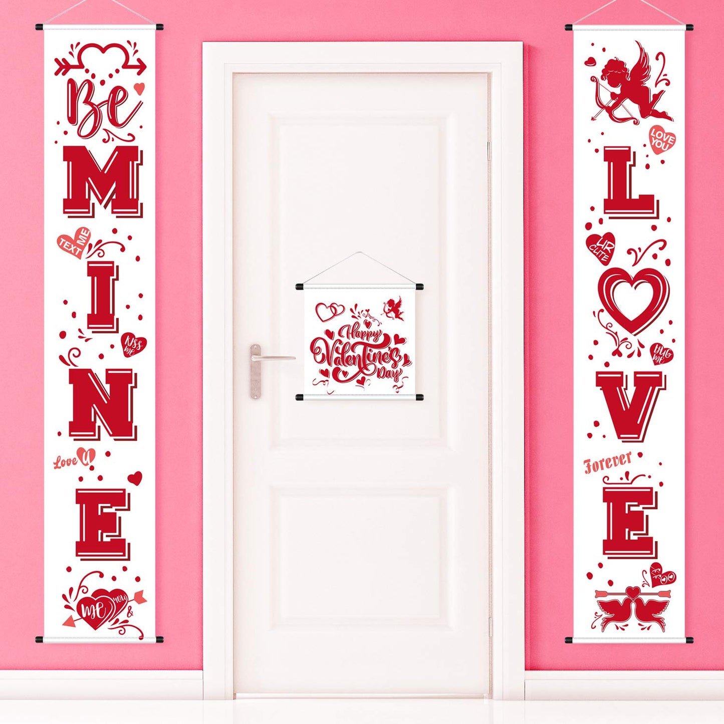Blulu 3 Pcs Valentines Day Porch Banner Be Mine Banner Happy Valentines Day Decoration Set Heart Love Door Decoration for Welc
