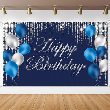 Blue Silver Happy Birthday Decorations Blue Birthday Banner Backdrop Large Happy Birthday Backgroud Birthday Backdrop Baby Shower Party Indoor Outdoor Decorations Supplies For Men Women Boys Girls