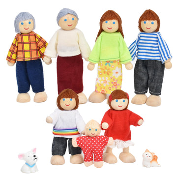 Jzszera Wooden Doll House People Of 7 Miniature Figures And 2 Pets, Dollhouse Dolls Family Set Accessories For Girls Toddler Kids Pretend Play And Imaginative Fun