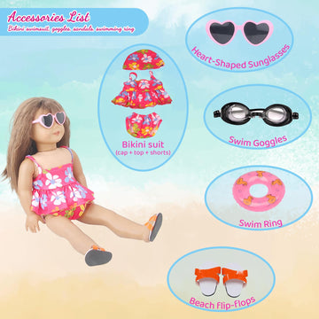 Msyo 18 Inch Doll Swimsuit Playset, Dorable Doll Summer Dress Playset For 18 Girl Dolls, Includes Doll Bikini Swimsuits, Lovely Sunglasses, Goggles, Sandals And Water Inflatable Ring
