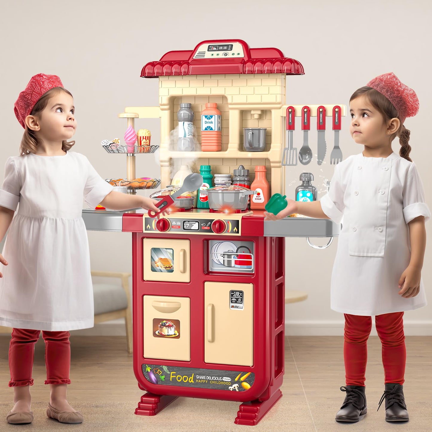 Kids Kitchen Playset For Toddlers Girls, Toy Kitchen Sets Pretend Play Food Toys For Kids Girls Ages 3 4 5 6 7 8, With Light Sou