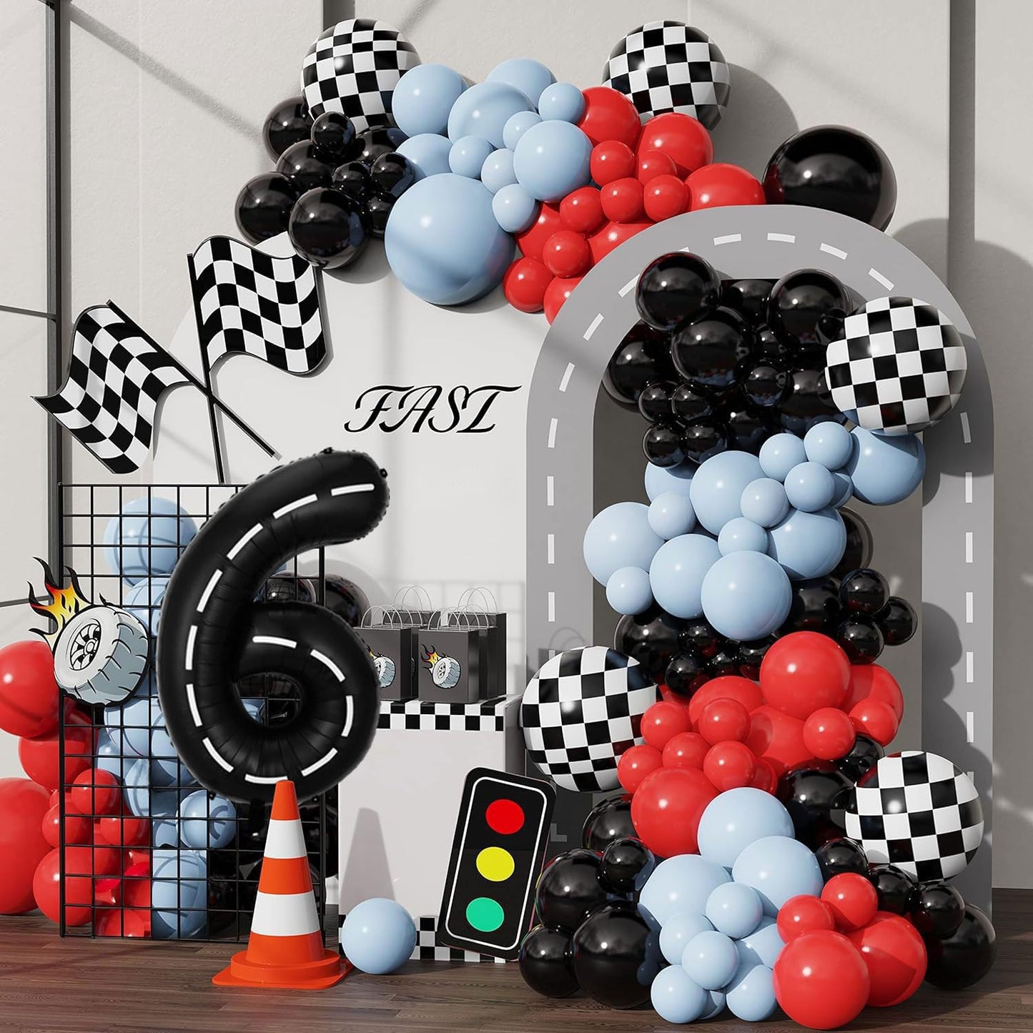 Race Car Birthday Balloons Decorations, 40 Inch Racetrack Black Number 6 Balloon, Large Mylar Black 6 Balloon For 6St Birthday R