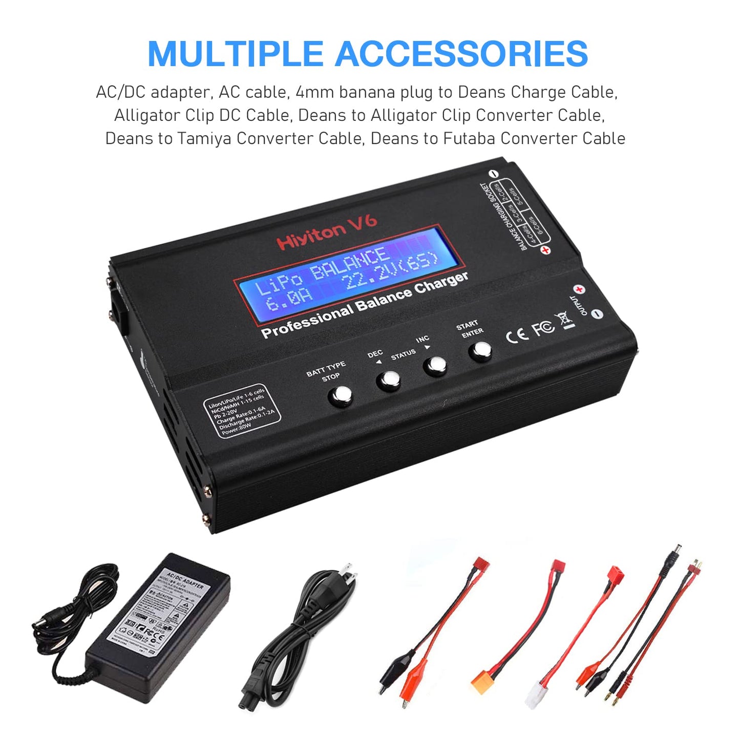 Lipo Battery Charger, 1S-6S Balanced Charger Discharger, 1-6S Lipo Li-ion NiMH NiCD Li-Fe Battery with Tamiya XT60 Deans Futaba