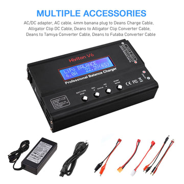 Lipo Battery Charger, 1S-6S Balanced Charger Discharger, 1-6S Lipo Li-ion NiMH NiCD Li-Fe Battery with Tamiya XT60 Deans Futaba