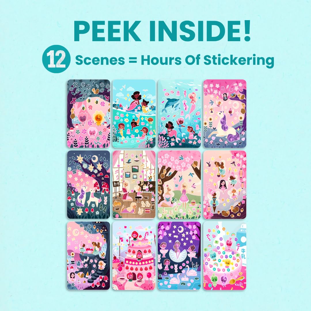CUPKIN Magical World Princess Coloring Book with 500+ Stickers, Fun for Girls 2-12, Pink, Paper, Side by Side Activity Design