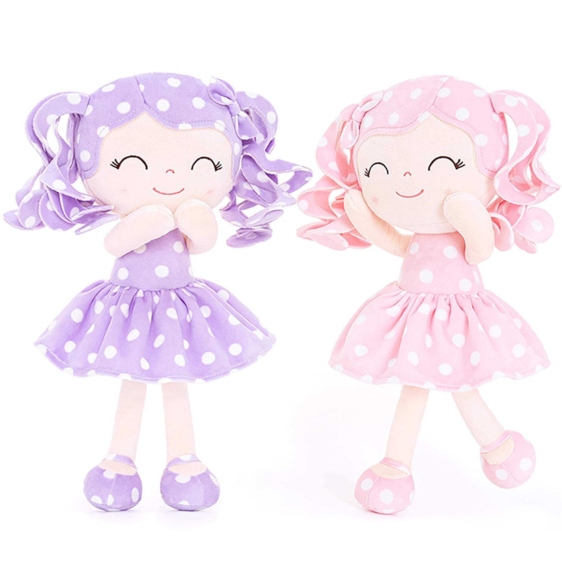 Gloveleya Doll Baby Dolls Plush Baby Doll My First Baby Doll Rag Doll Soft Doll Baby Girl Gifts Curly Hair Purple Pink Polka Dots Dress 12Inches