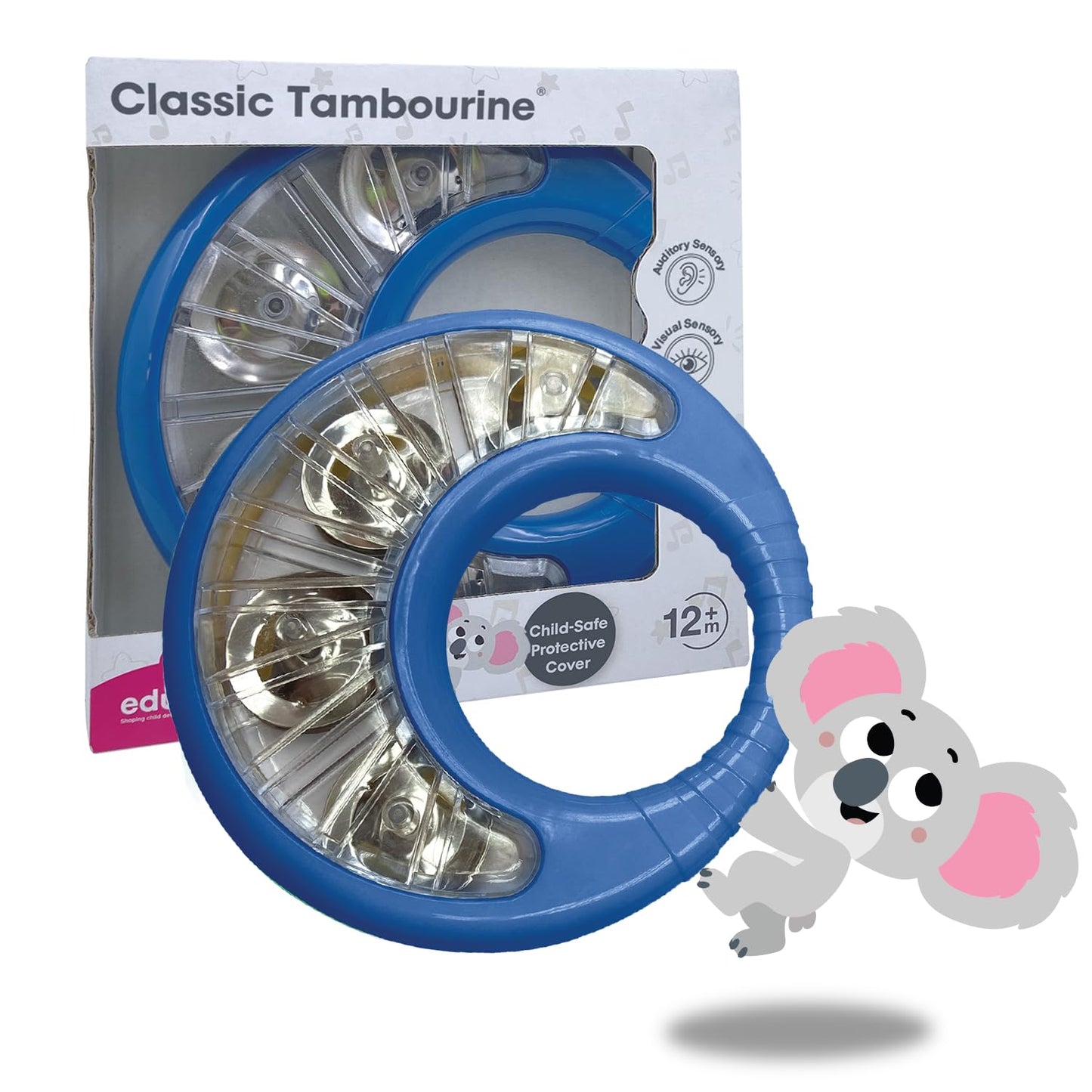 Edushape Classic Tambourine For Kids, Blue - Percussion Musical Instrument Baby Tambourine For Toddlers 1-3, Kids Tambourine Fun Tummy Time, Fine Motor, Auditory And Visual Sensory Development