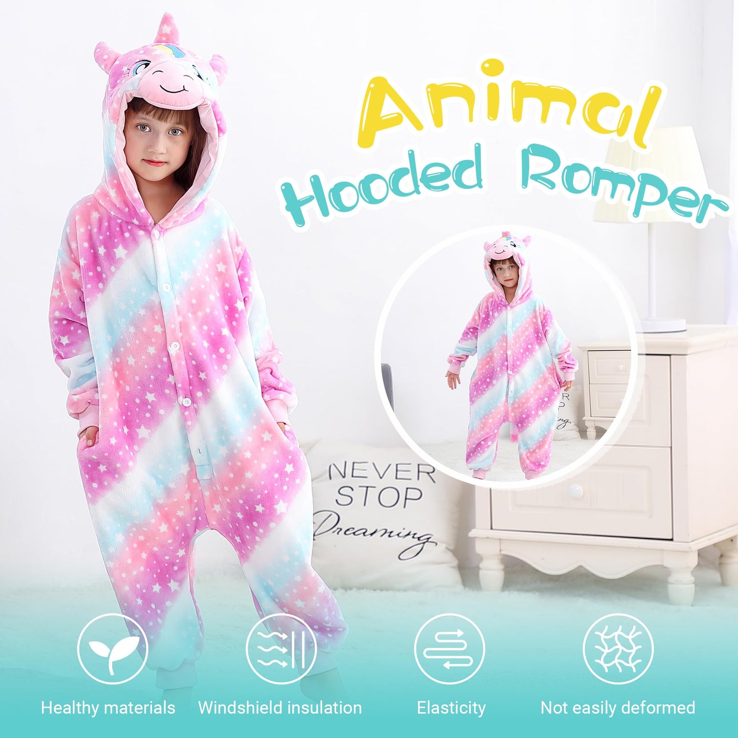 Michley Animal Hooded Romper Kids Flannel Halloween Cosplay Pajamas Costume 3-12T For Autumn Winter, Unicorn, 9-10T, Size130