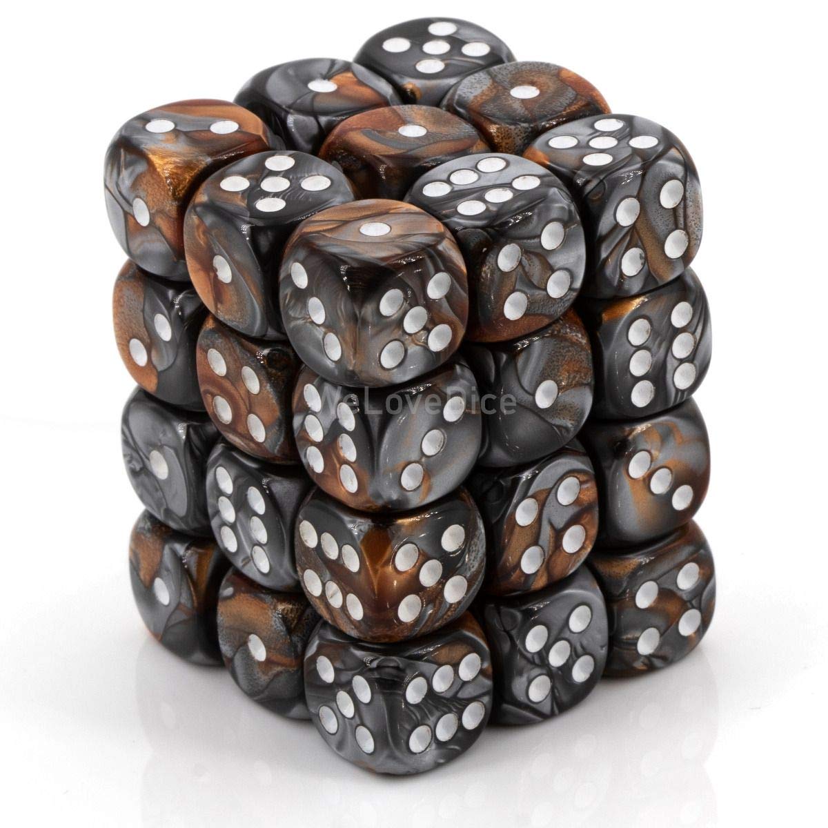 chessex Manufacturing 26824 D6 cube gemini Set Of 36 Dice  12 mm - copper & Steel With White Numbering