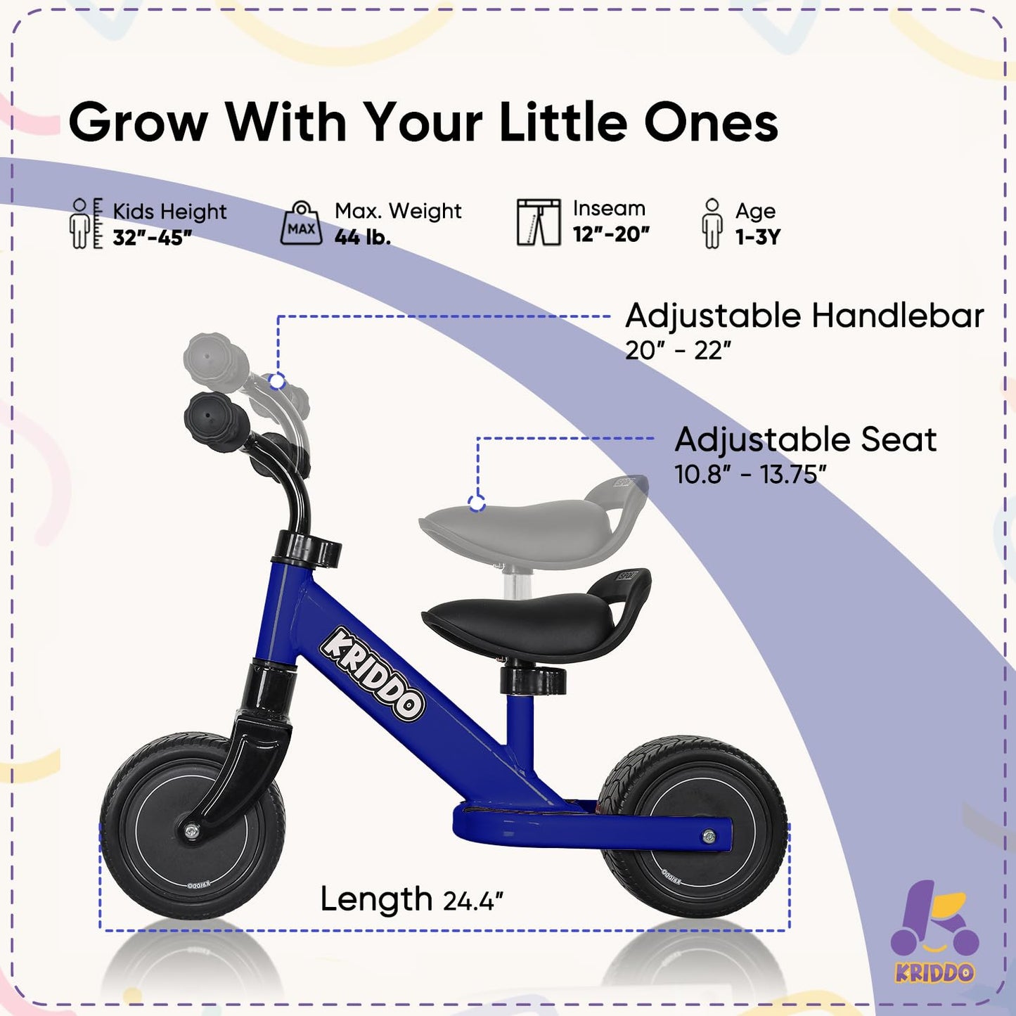 Kriddo Baby Balance Bike Mini Cruiser Design With Wide Pu Wheels For 1-3 Year Olds Ideal First Birthday Gift And Baby Toy, Blue