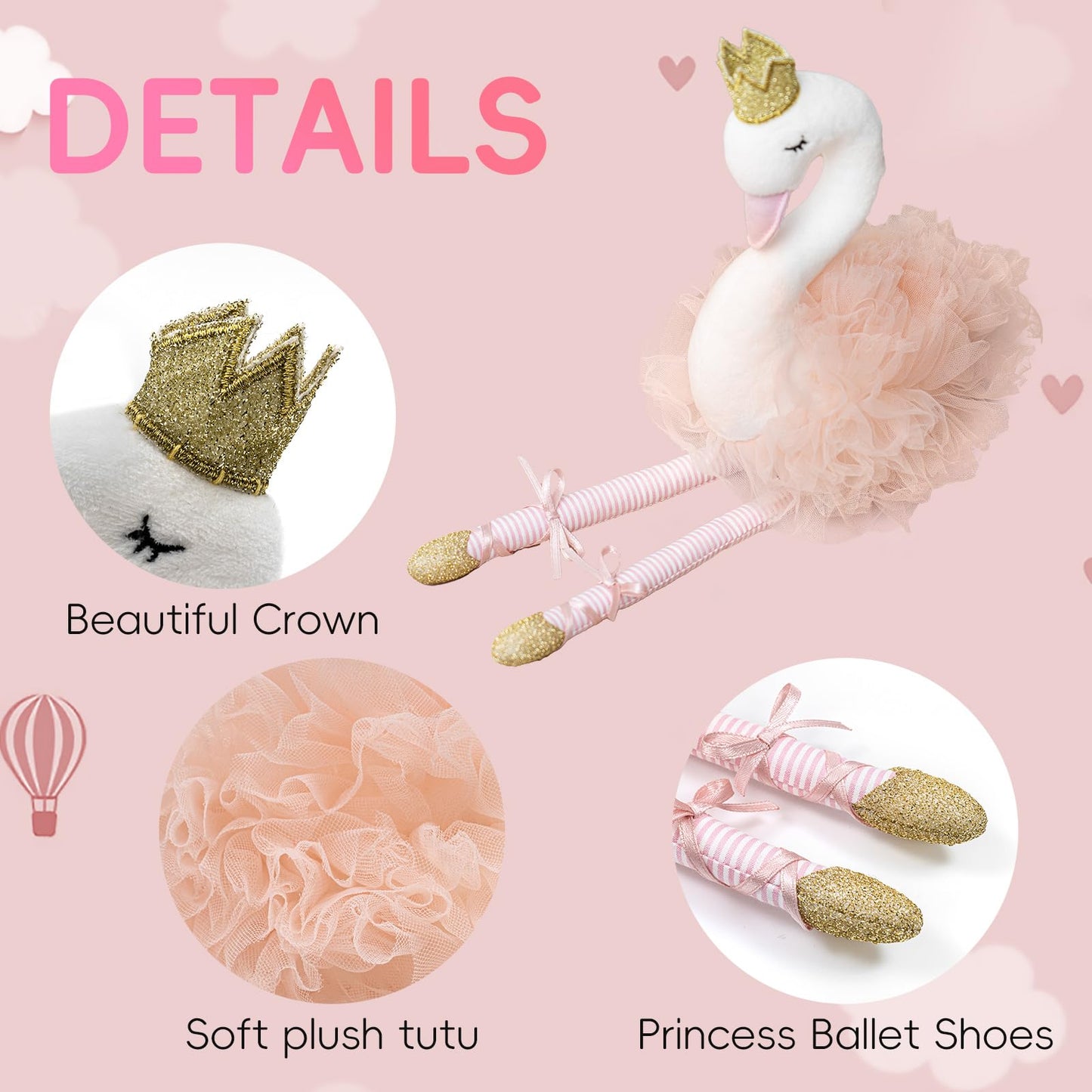 Mikee Fluffie Plush Toy Ballet Swan 12" Stuffed Animal for Kids, Polyester, 12" Tall, Perfect Gift for Girls
