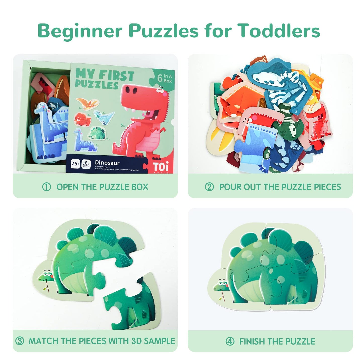 Toi Toddler Jigsaw Puzzles - 6 Large Dinosaur Floor Puzzles, 10x10x3 inch, Cardboard, Preschool Learning Game for Kids Aged 2.5+
