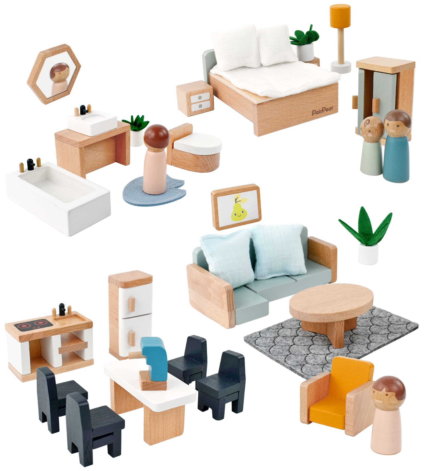 Pairpear Wooden Toys Dollhouse Furniture Playset,35 Piece Furnitures With Family Dolls,Doll House Accessories Pretend Play Gift For Girls And Boys 3 Year And Up
