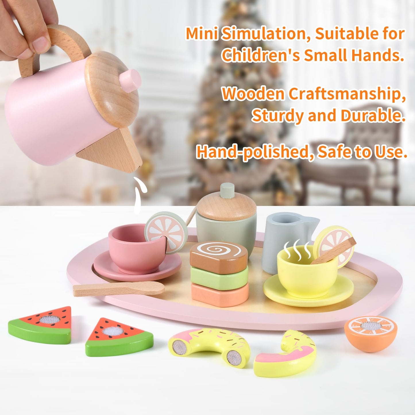 Wooden Tea Party Set, Tea Set for Little Girls 1-3 Toddler Tea Sets for Girls 2-4 with Wooden Toys Food Pretend Play Tea Party W
