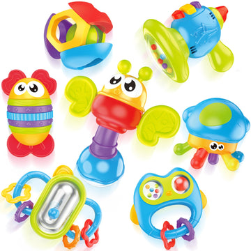 Moontoy 7Pcs Baby Rattles Toy Set, Baby Toys 0-6 Months Infant Toys 6-12 Months Teethers For Babies 3-6 Months Baby Stocking Stuffers, Sensory Teething Toys 0 1 2 3 4 5 6 Month Newborn Boy Girl Gifts