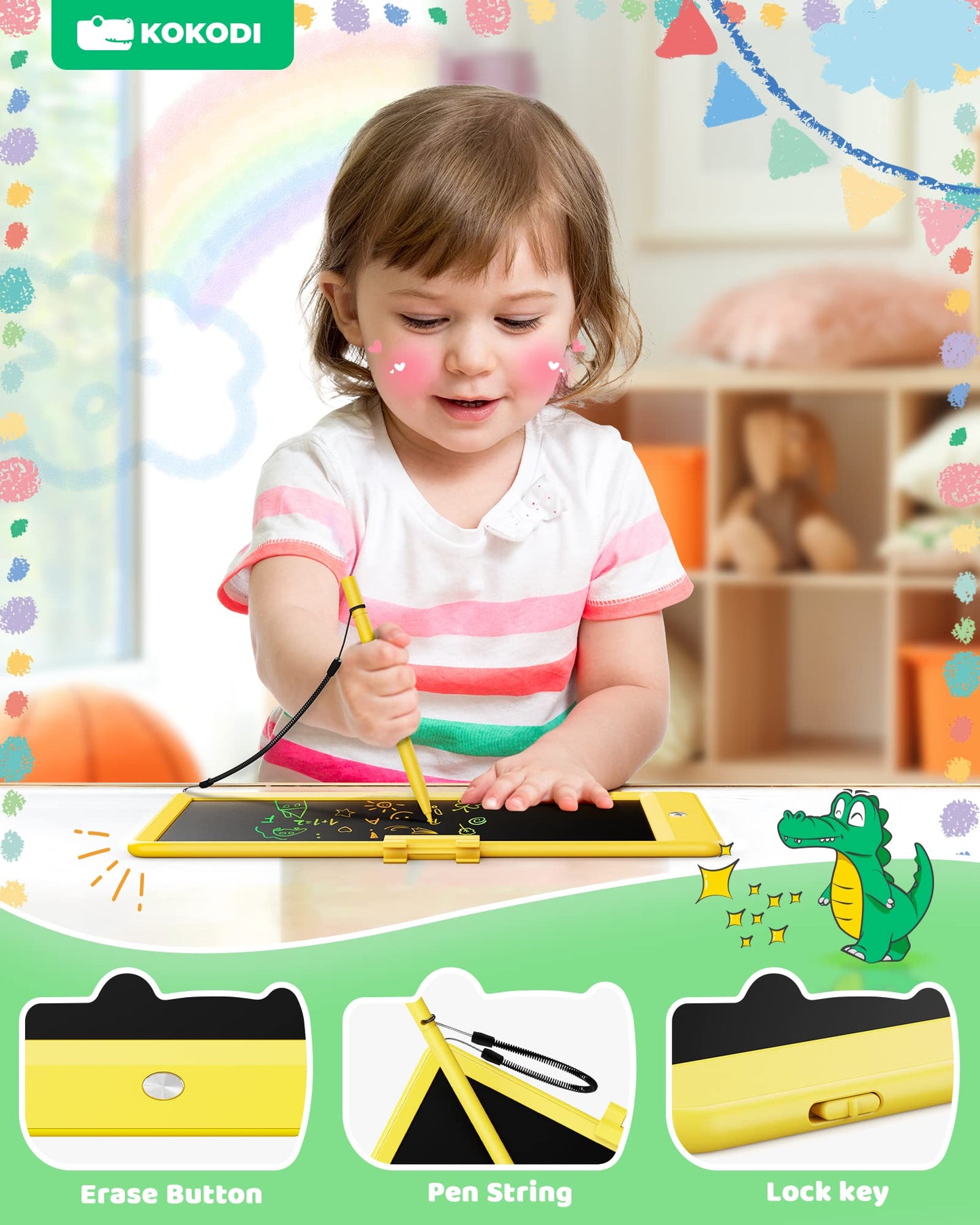 KOKODI LCD Writing Tablet, 10 Inch Colorful Toddler Doodle Board Drawing Tablet, Erasable Reusable Electronic Drawing Pads, Educ